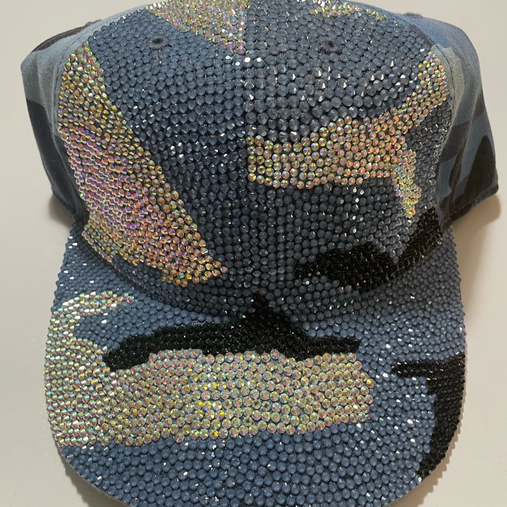 Crystal Embellished Camo Baseball Cap - Blue with Iridescent Accents
